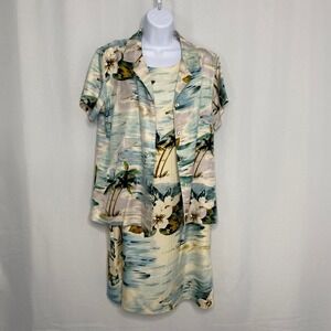 Tiki Classics Women L 100% Silk 2 Piece Dress Set Hawaiian Tropical Palm Vintage
